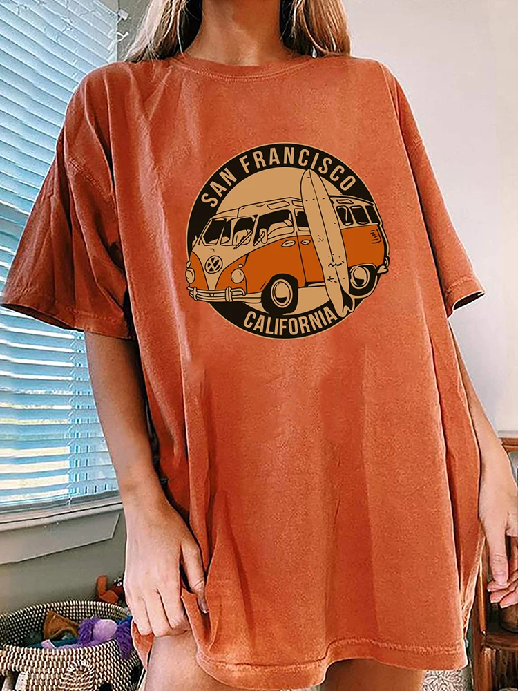 Drop Shoulder Oversized Graphic Tee Vintage Bus San Francisco California Print Funny Tshirt Half Sleeve Loose Long Summer Tops