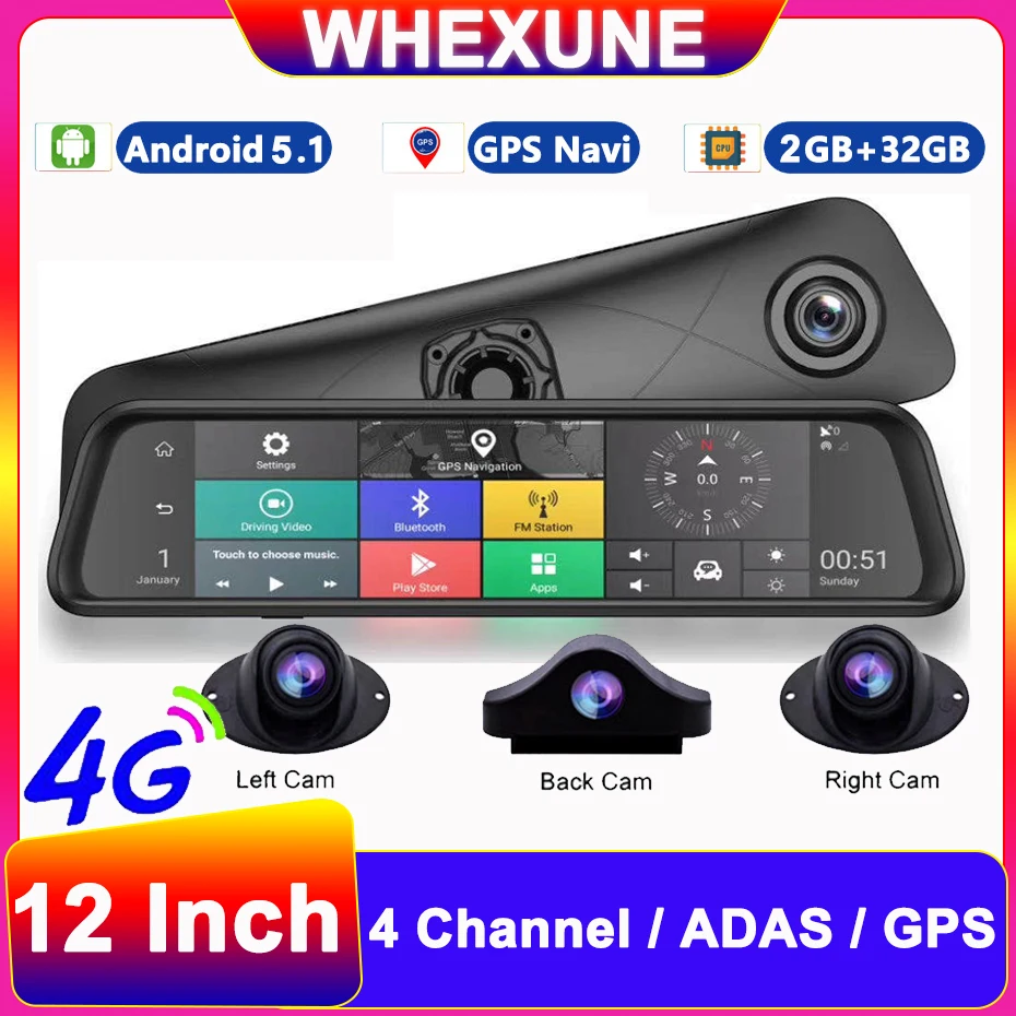 

12" 4G Car Rear View Mirror DVR Android Night Vision 4 Channel Dash Cam Camera Recorder WIFI ADAS GPS Navigator Phone Live Video