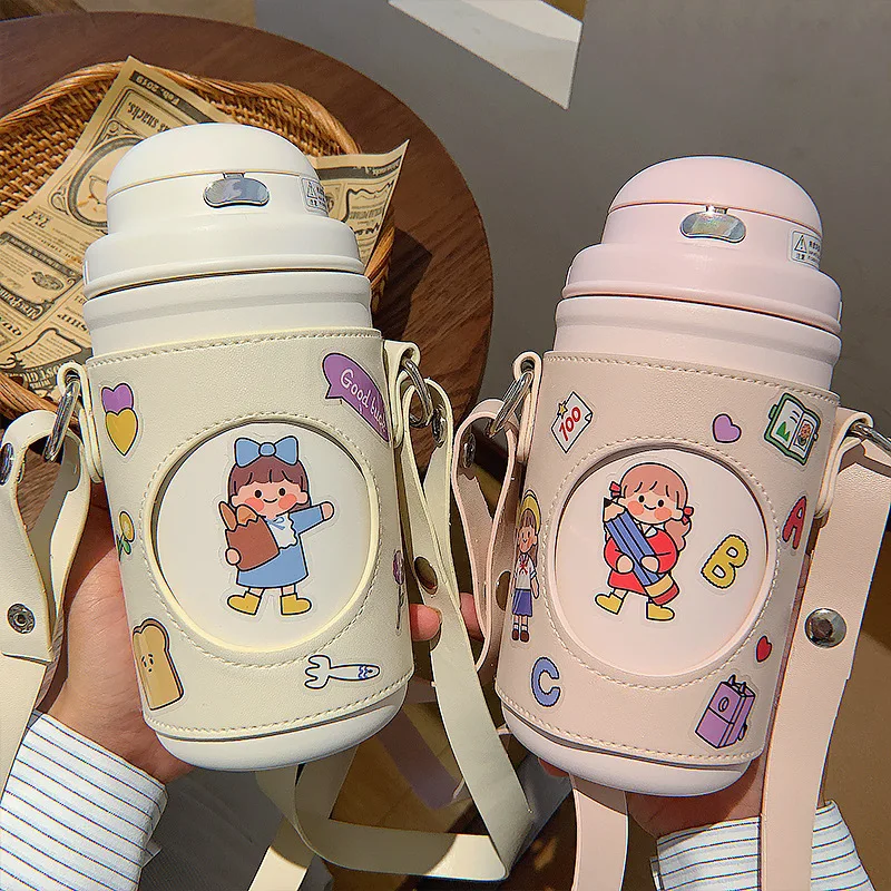 

580Ml Thermos Bottle Cute Cartoon Bouncing Straw Children's Cup Student Kettle Outdoor Sports Portable Large Capacity with Rope