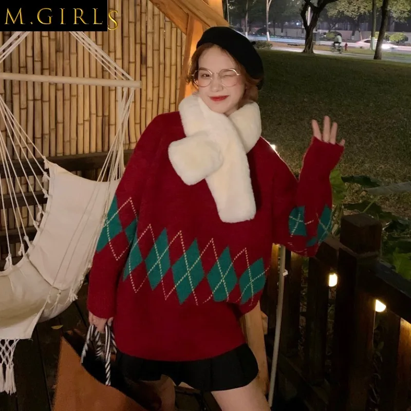 

Pullovers Women Argyle Loose Korean Style Sweet Retro Festival Design Sweaters Femme Leisure All-match Jumpers Students Simple