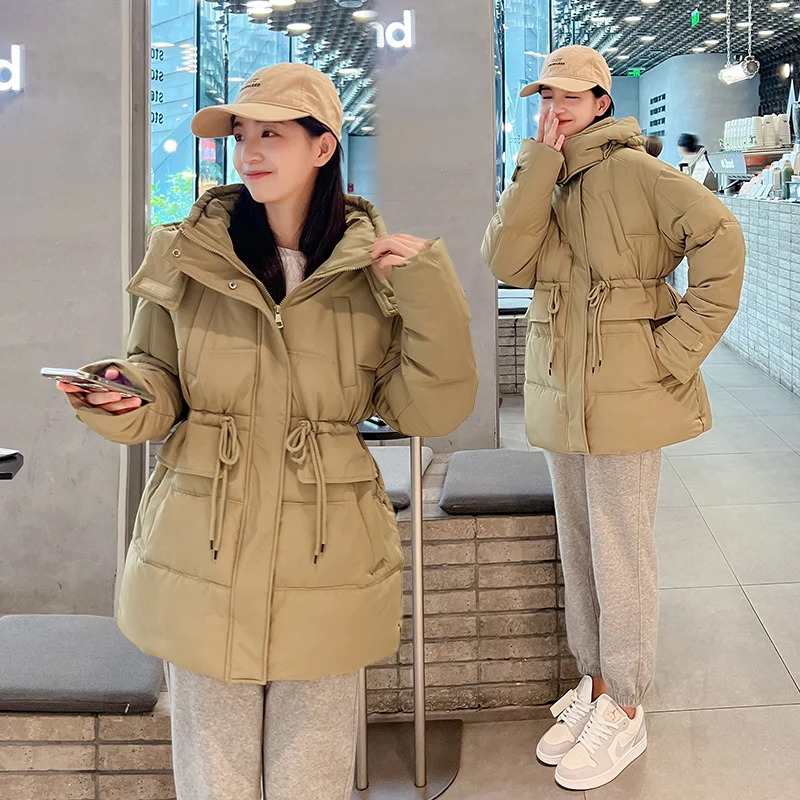 Winter Women Hooded Down Coat Lady Soft Loose Down Cotton Jacket Blue Adjustable Waist Parkas Outwear