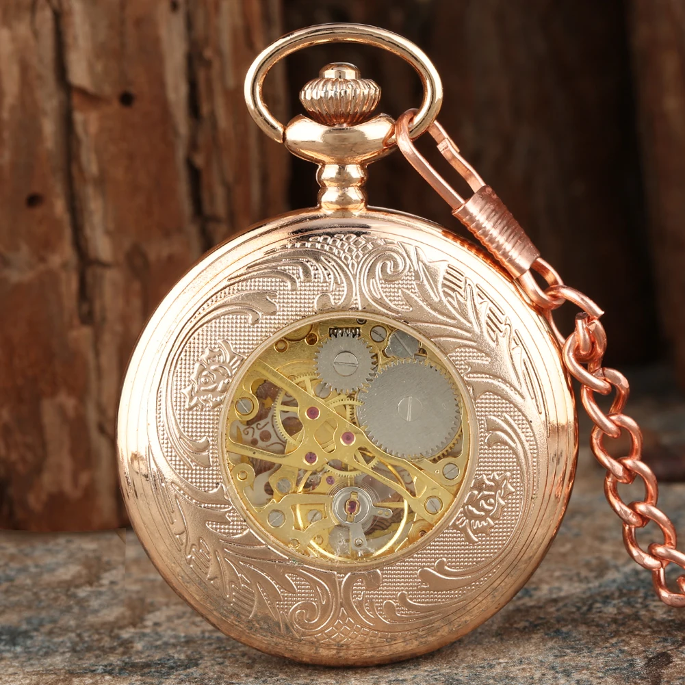 Rose Gold Manual Mechanical Pocket Watch Fob Chain Transparent Skeleton Retro Pendant Pocket Timepiece Hand Winding Movement