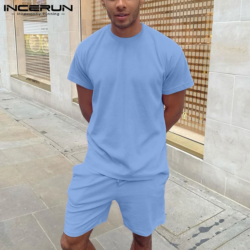 

2022 Men Sets Solid Color Streetwear O-neck Short Sleeve T Shirt & Shorts Two Pieces Sets Stylish Men Casual Suits S-5XL INCERUN