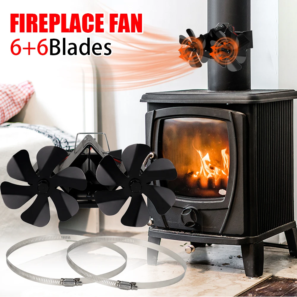 

12 Blades Fireplace Fan Double Head Wall-Mounted Silent Eco-Friendly Wood Log Burner Household Winter Heating Circulating Fan