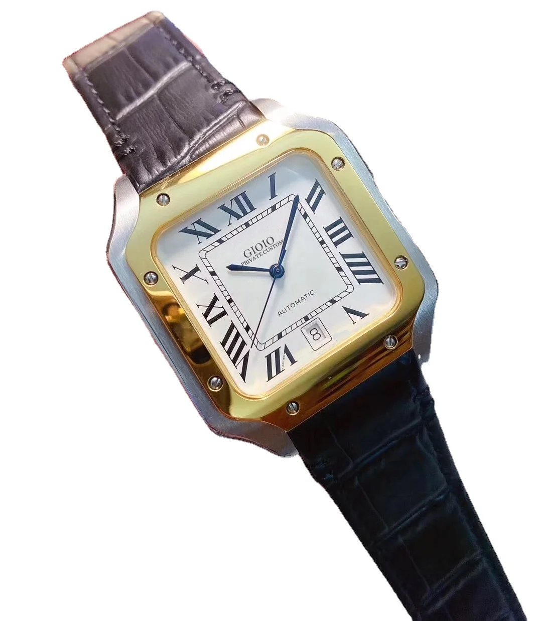 

Мужские автоматические механические часы золотистого и черного цвета с кожаным ремешком