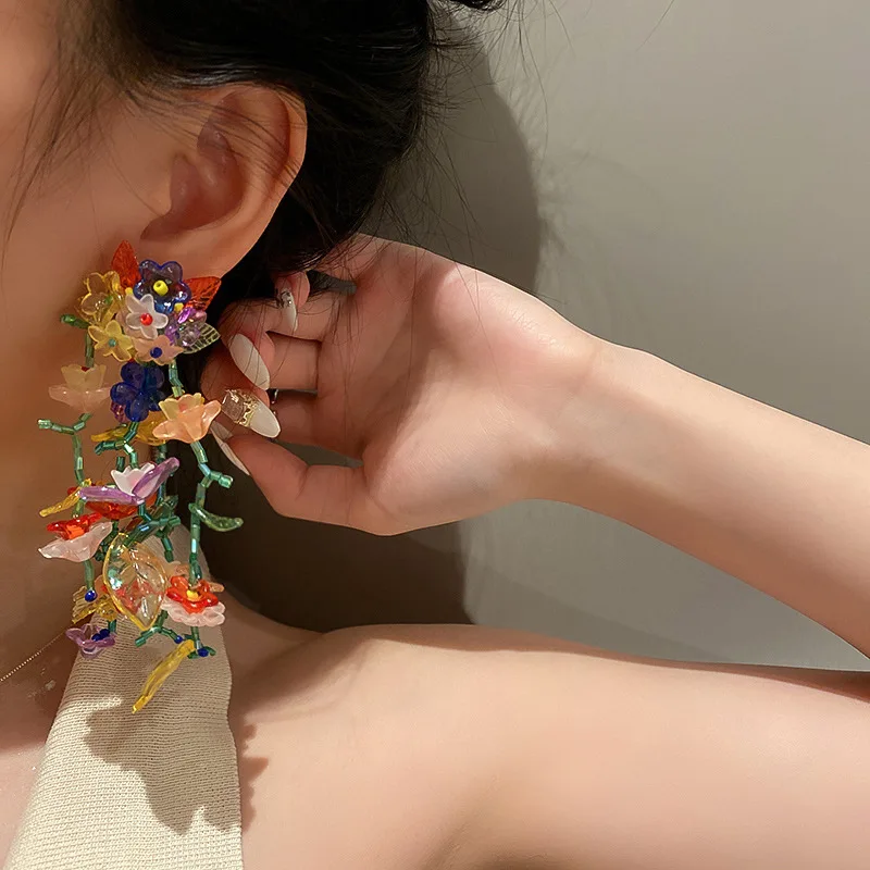 Bohemia Colorful Transparent Resin Earrings Handmade Long Tassel Flower Dangle Earrings for Women Statement Jewelry Wholesale