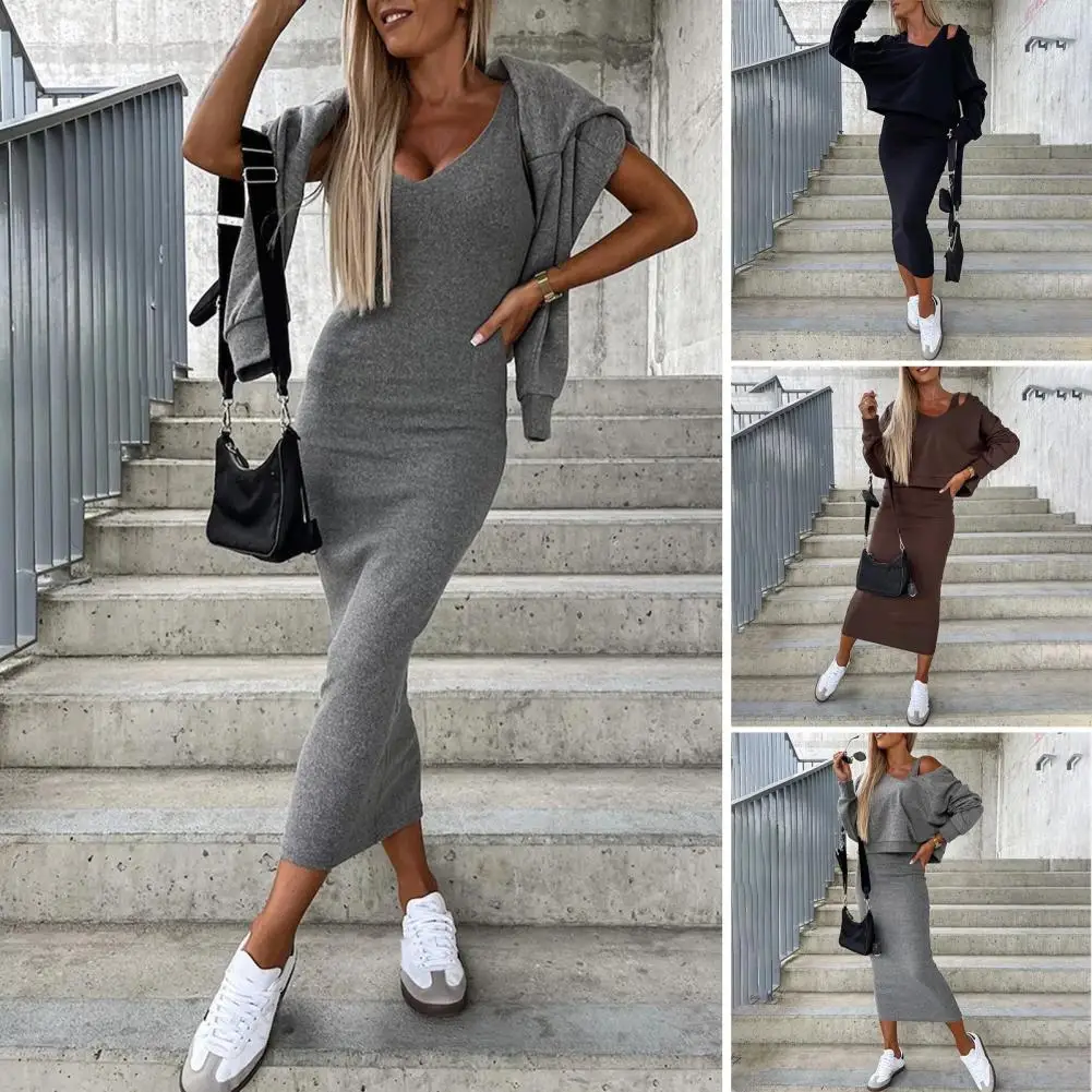 

Dress Hoodie Set Versatile Women's Autumn Winter 2-piece Set Sleeveless Bodycon Vest Dress with Hooded Long Sleeve Pullover