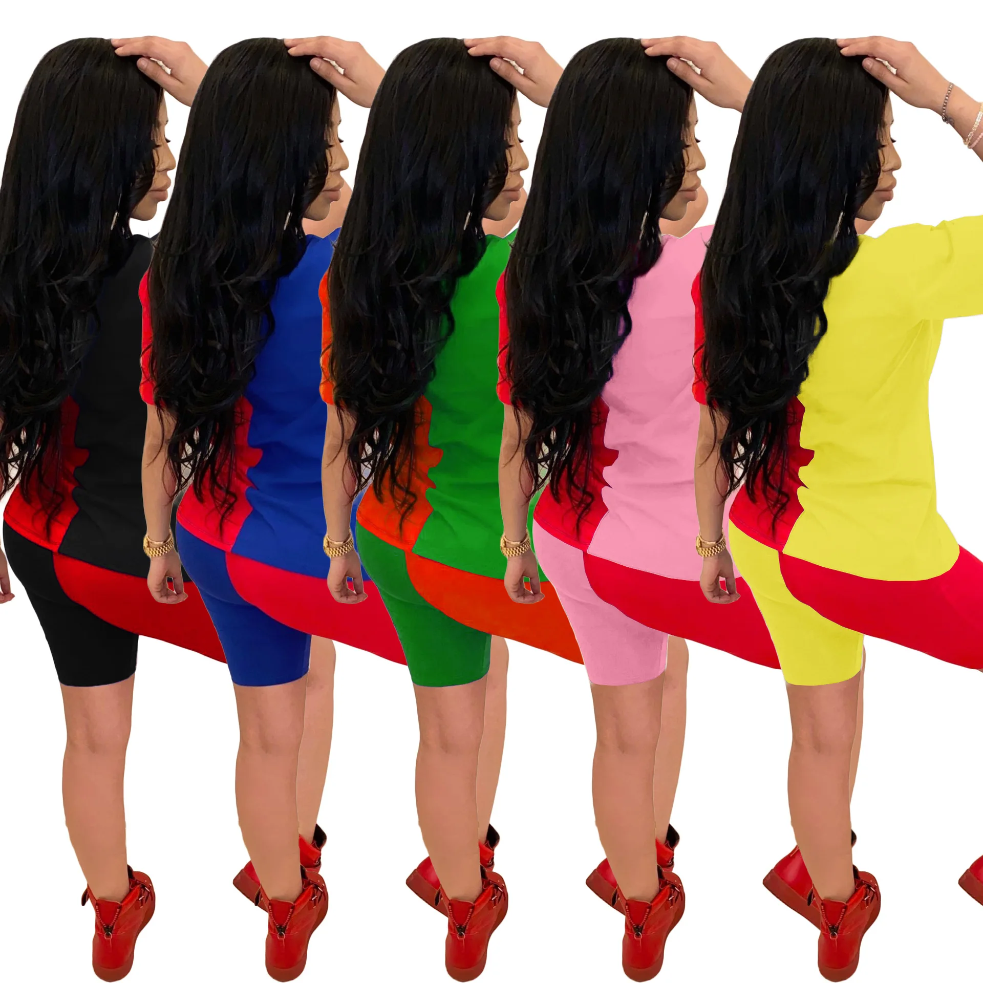 

66BN053 летняя модная Универсальная Женская коллекция 2021 года с принтом сгоревшего языка + брюки спортивная одежда комплект из двух предметов ...