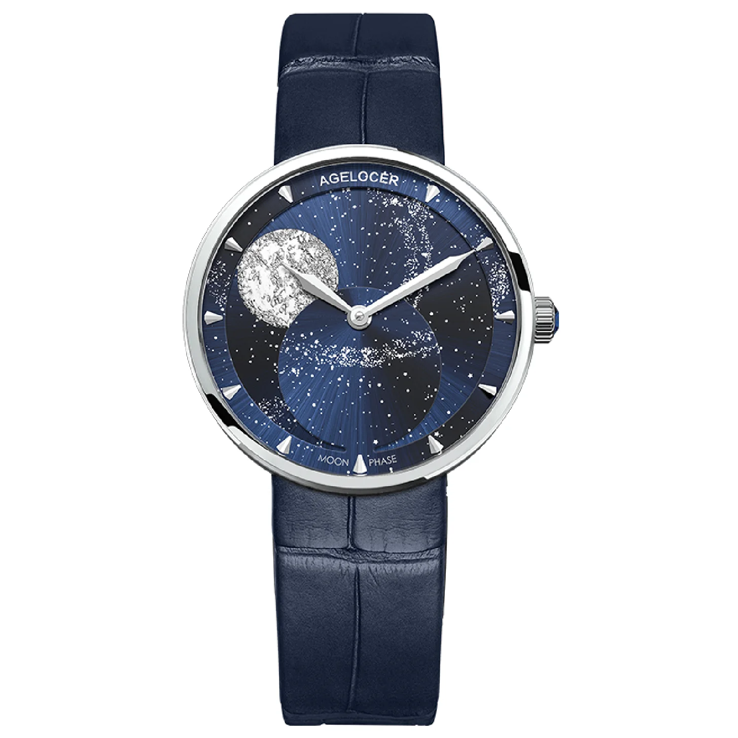 

AGELOCER Brand Ladies Real Moonphase Watch Women Sapphire Waterproof Blue Leather Wrist Watches Moon phase Bracelet 6504A1