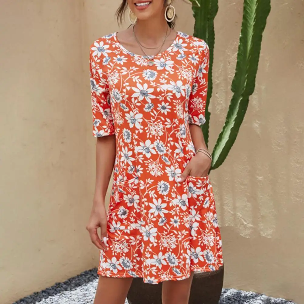 

S - 5XL Women Summer Dress O-Neck Half Sleeve Loose Hem Elegant Floral Pattern Pocket Holiday Beach Mini Dress Vestidos