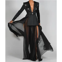 women blazer skirt set sexy v neck high waist floo length long dress set diamond black ladies suit coat mesh long skirts set