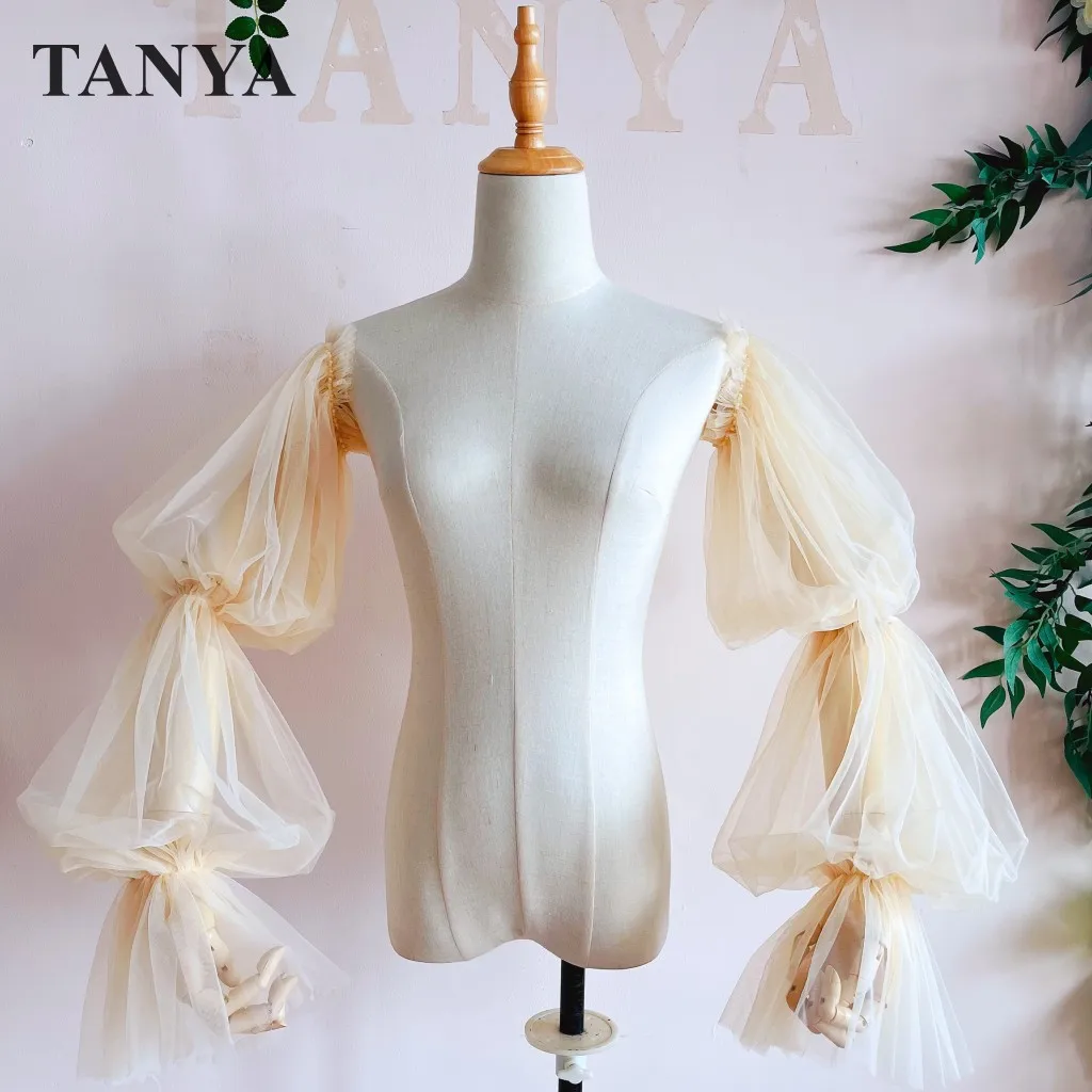 

Soft Tulle Champagne Detachable Puff Sleeves With Beads Ruffles Romantic Long Sleeve Bridal Charming Bridal Wedding Accessories