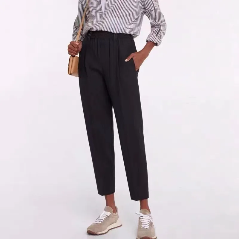 Women Trousers Fleece Solid Slim Zipper Fly Elastic High Waist Simple Suit Pencil Pants Office Lady