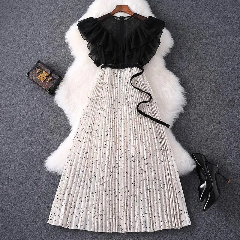 

Fashion Chic and Elegant Woman Dress Ruffles Sleeves Round Neck Dot Print Casual Dress Girls Sweet Cute A Line Dresses
