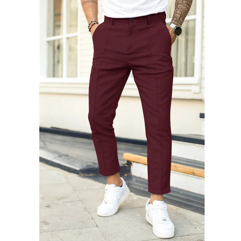 Men's Business Casual Pencil Pants Loose Suit Pants Men Solid Pleated Wash Wear Dress Trousers Double Fold Line Slim Fit Trouser
