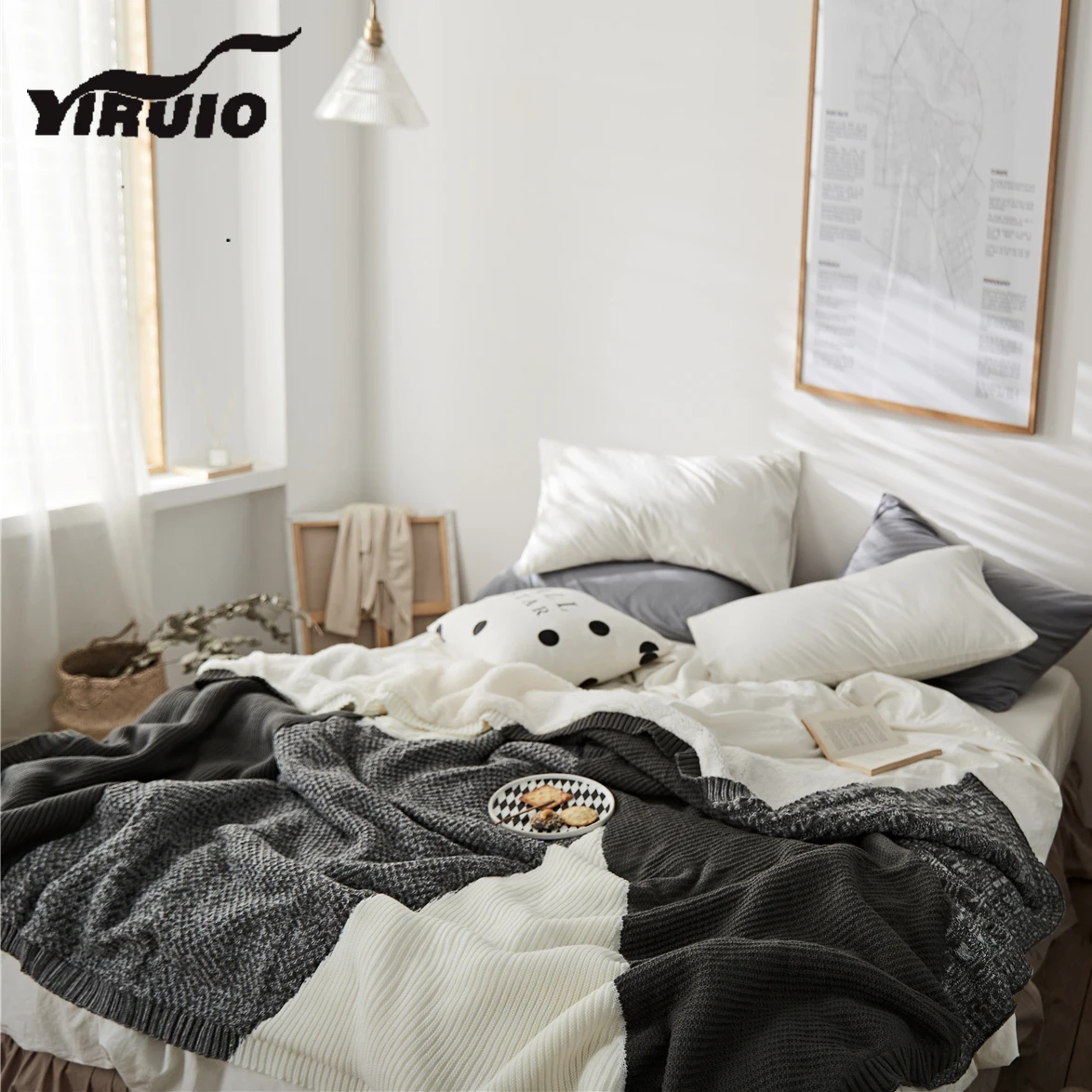 YIRUIO Elegant Knitted Color Plaid Blanket Winter Warm Breathable Thick Fluffy Sherpa Blanket Decorative Bedspread Quilt Blanket
