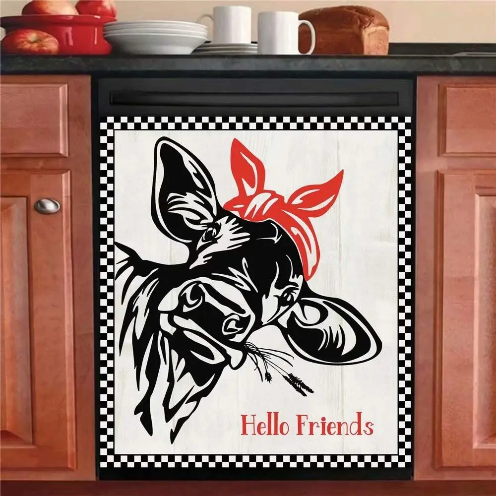 

Kitchen Decoration Fun Cow Kitchen Dishwasher Stickers Farm Animal Dishwasher Cover Decals Sheet Washing Machine Cover, 23 W x 2