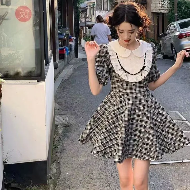 

Deeptown Korean Preppy Style Plaid Dolly Dress Women Y2k Kawaii Sweet Patchwork High Waist Short Puff Sleeve Mini Tunic Dresses