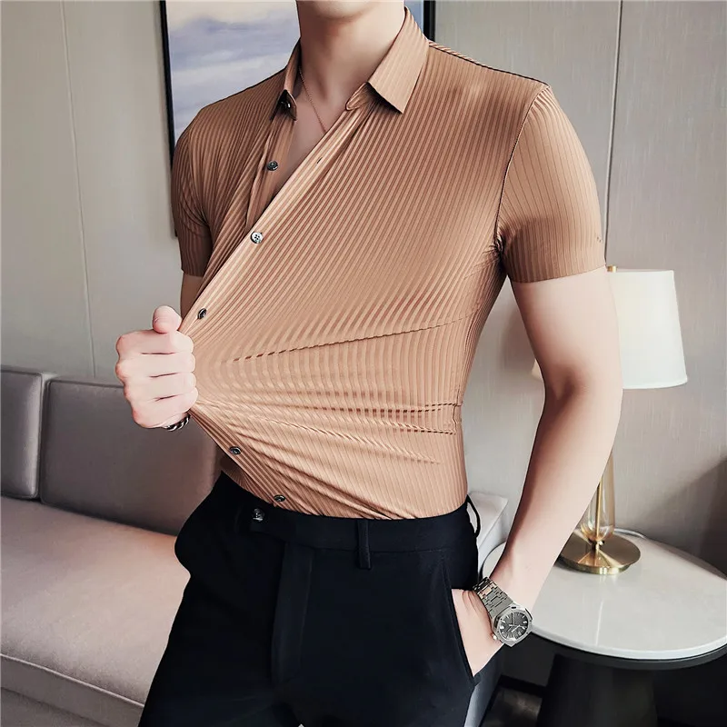 Elasticity Seamless Shirts for Men Summer Short Sleeve Striped Slim Casual Shirt Business Formal Dress Shirt Social Party Blouse