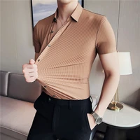 elasticity seamless shirts for men summer short sleeve striped slim casual shirt business formal dress shirt social party blouse