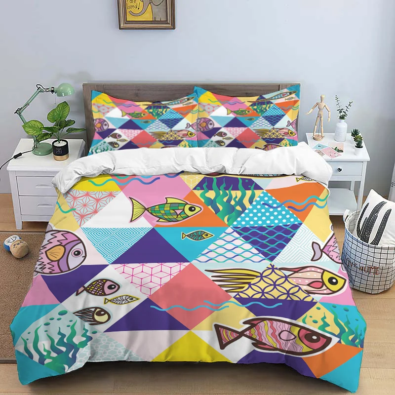 

Cartoon Cute fish HD Print Bedding Set，children King Size Bedding Set，girl's Bed Double Bed Duvet Cover Pillowcase Bedding Set