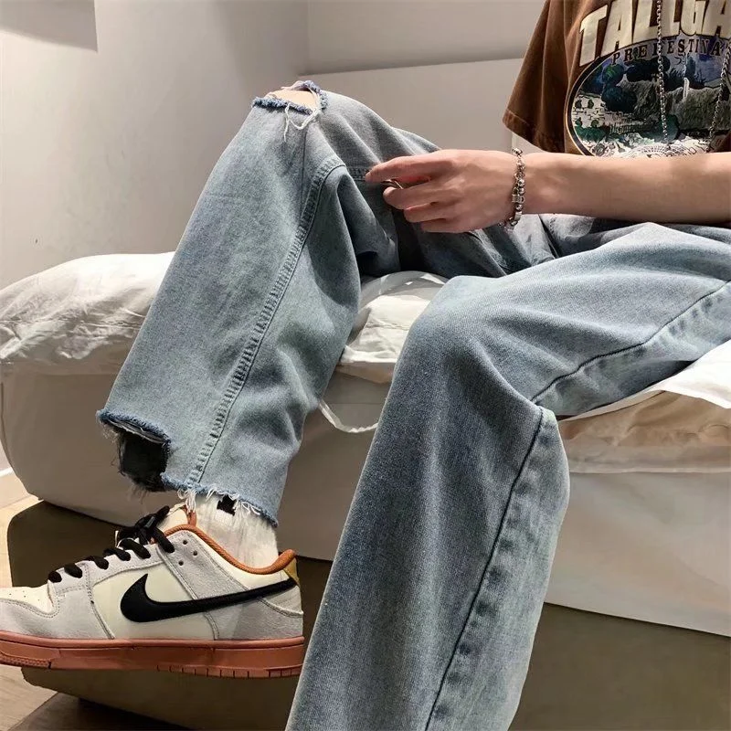 Summer Blue Ripped Jeans Men Fashion Casual Wide Leg Jeans Men Streetwear Loose Hip Hop Hole Denim Pants Mens Trousers S-5XL