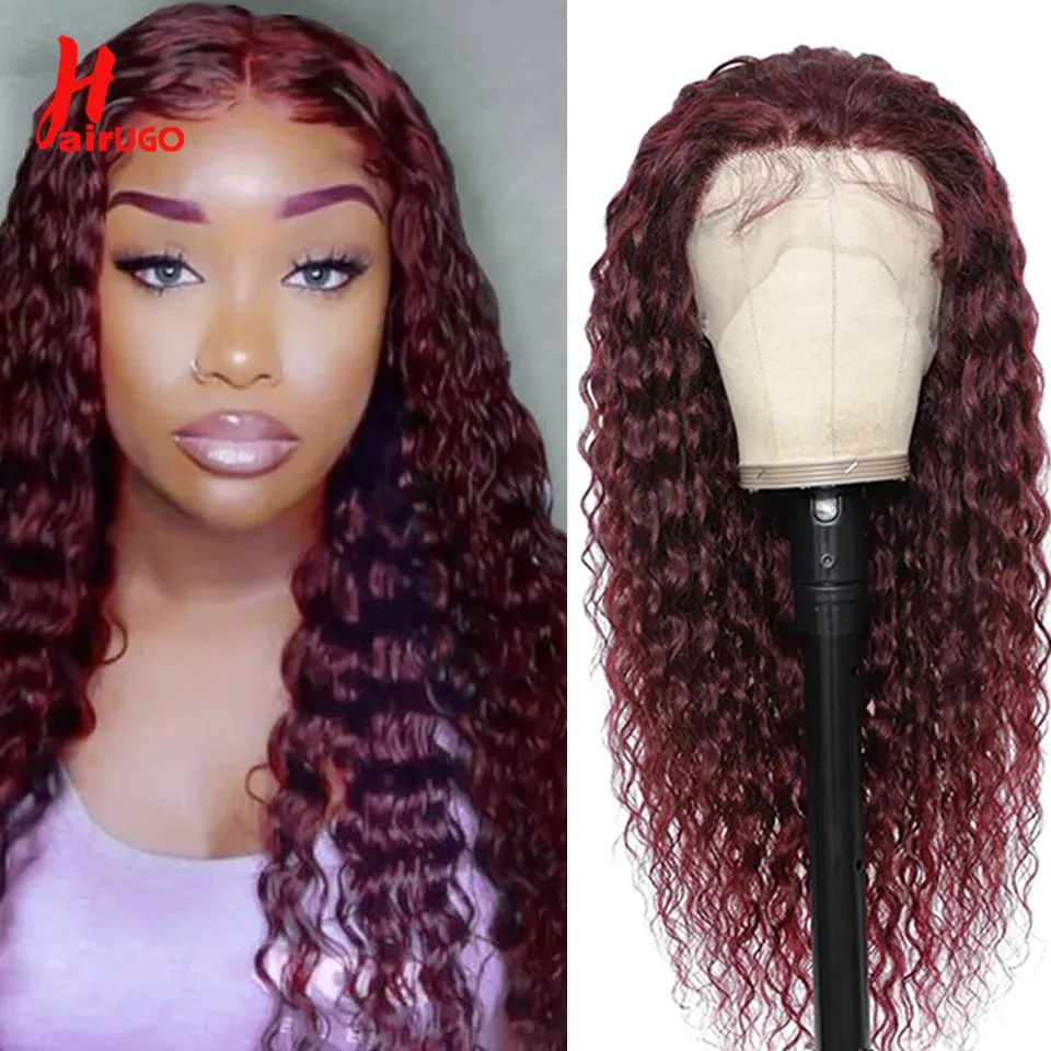 HairUGo 99J Deep Wave Lace Front Wigs Burgundy Lace Front Human Hair Wigs With Baby Hair Remy Transparent Lace Wigs for Woman