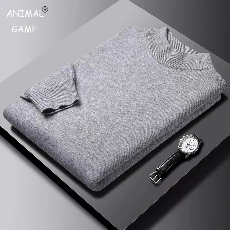 Мужской Однотонный Пуловер Свитер С Воротником-стойкой И Длинными Рукавами