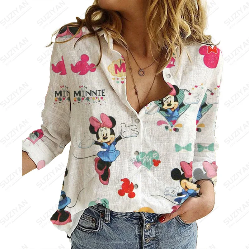 

Casual Streetwear Shirts Tops Autumn Elegant Print Shirts Long Sleeve Blouse Woman Disney Mickey Casual Work Wear Blouses