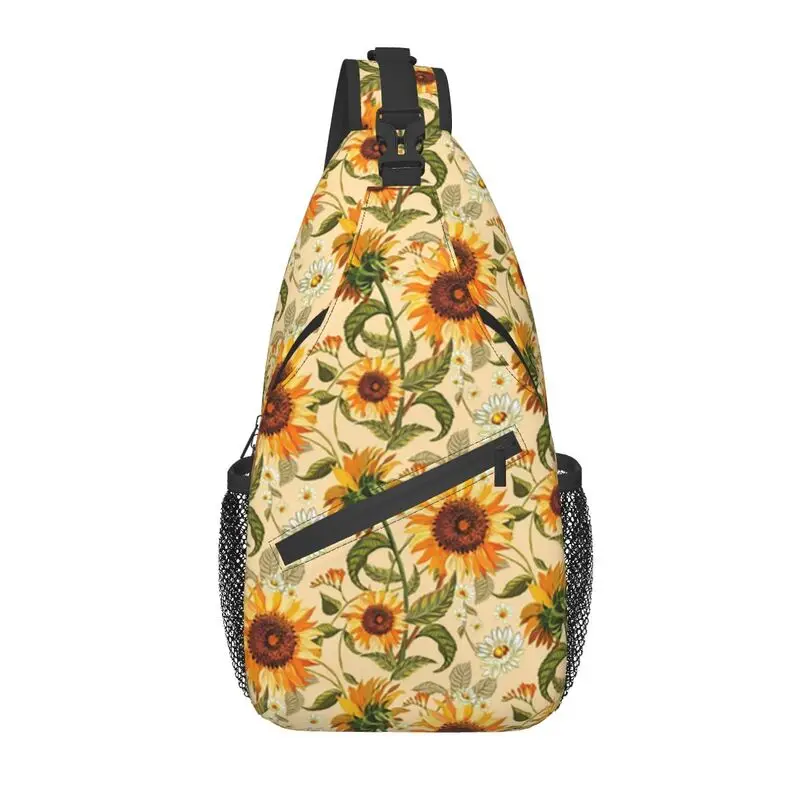 

70s Vintage Golden Sunflowers Sling Crossbody Backpack Men Retro Flowers Pattern Chest Shoulder Bag for Travel Hiking Daypack