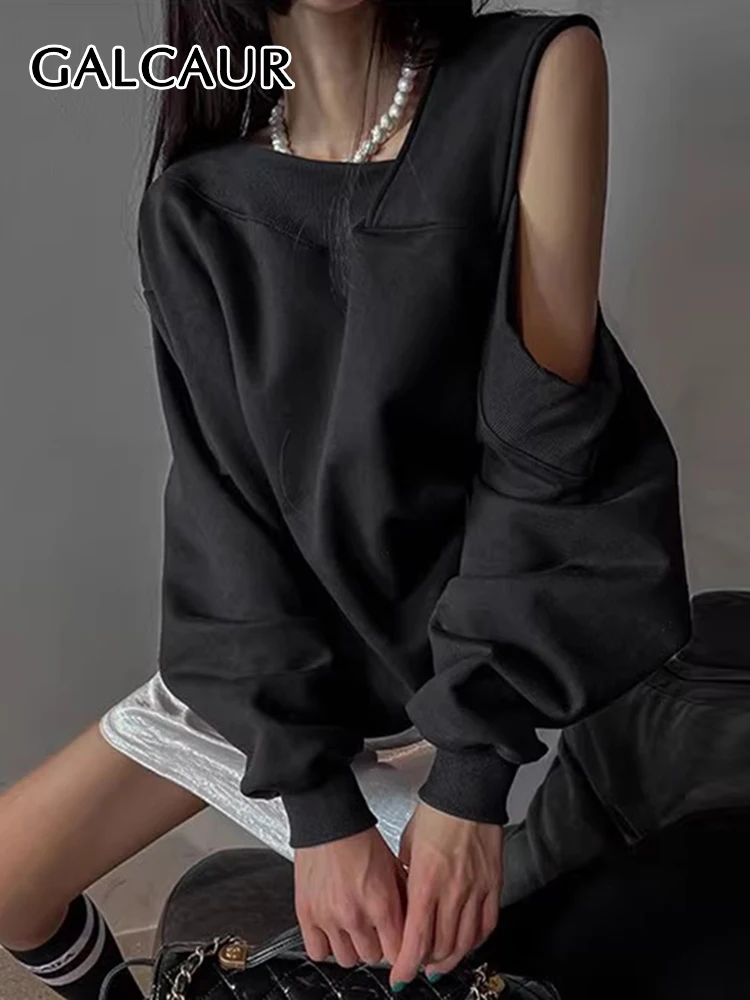 

GALCAUR Korean Off One Shoulder Sweatershirts For Women Diagonal Collar Long Sleeve Irregular Solid Pullover Sweatershirt Female