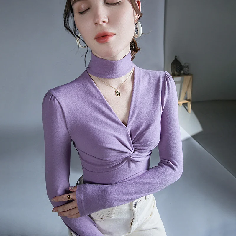 

#6285 Turtleneck Crop Top Women Autumn Cotton Elegant Full Sleeve T Shirts Female Ladies Sexy Tight Bottom Shirt Girl Hollow Out