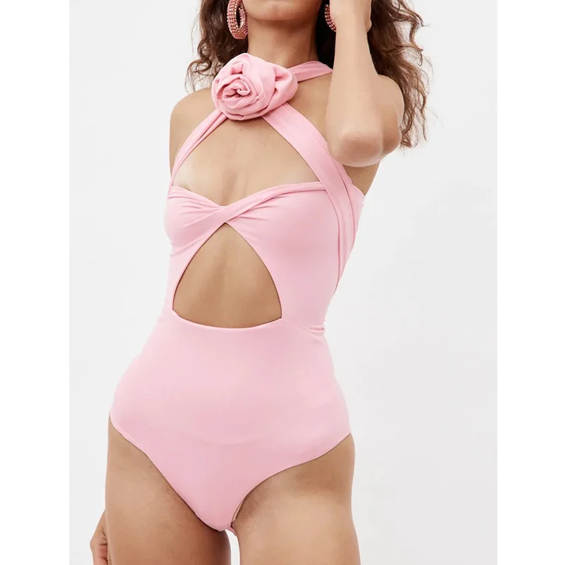 

French Elegant 2 Color One-piece Base Coat Women 23SSFashion Knot Hollow Elastic Bottoming Tops Slim Detachable Flower Bodysuits