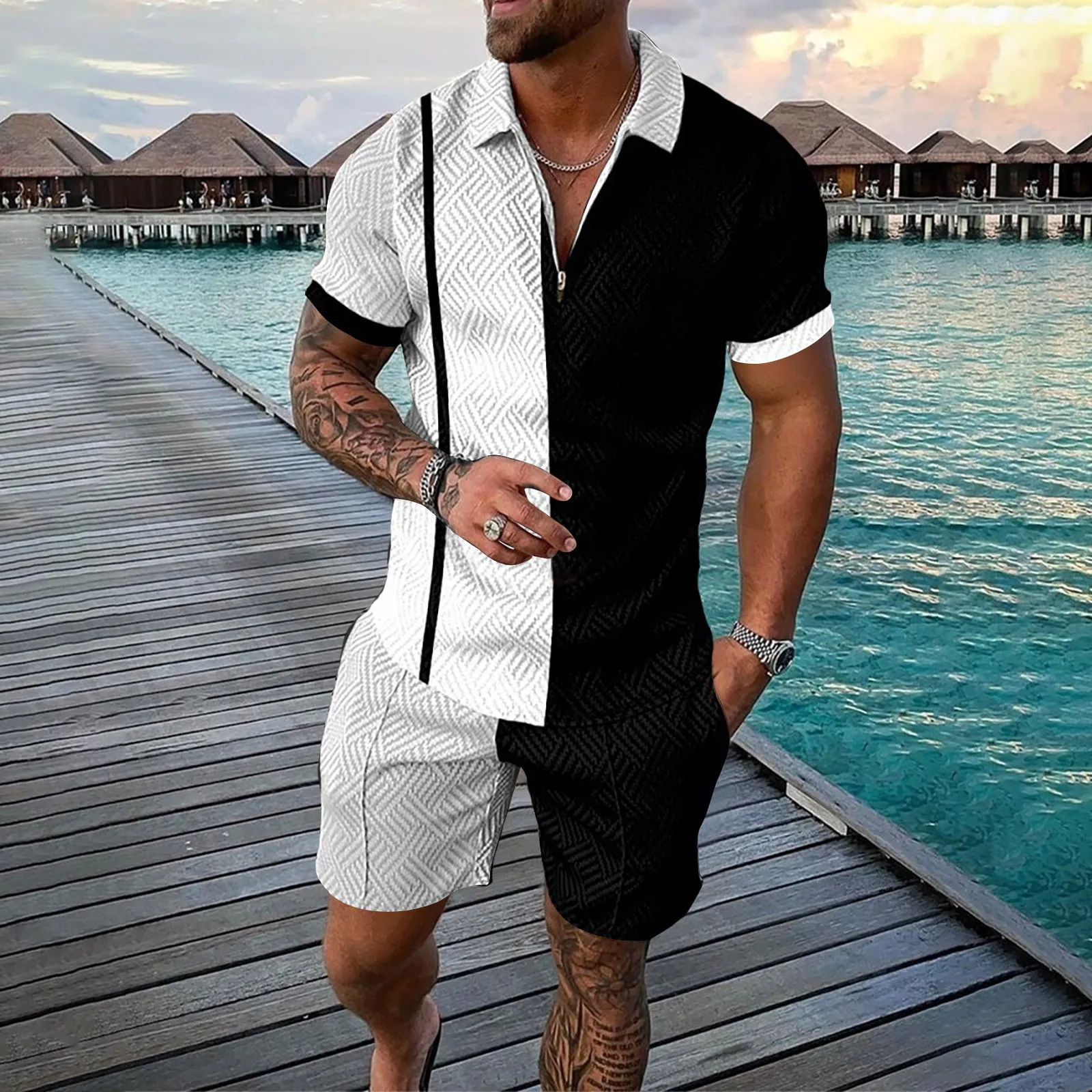 Men Casual Stripe Print 2 Piece Suit  Color Block Polo Shirt Breathable Shorts Male Set Ropa Hombre Streetwear Dailywconjuntos