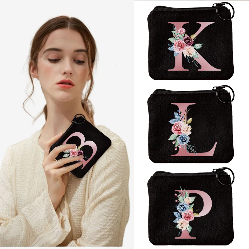 Pink Letter Flower Print Purse for Girls Coin Purse Small Fresh Canvas Zipper Pouch Girl Kawaii Small Bags Cute Coin Bag Gift creative fun cheese snacks pu pocketbook coin bag girls purse small canvas purse cat coin purse