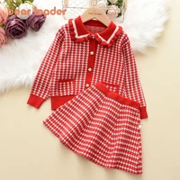 bear leader winter girls clothes plaid long sleeve cardigan sweater and skirt two pieces kids clothing girls knitted sweater set