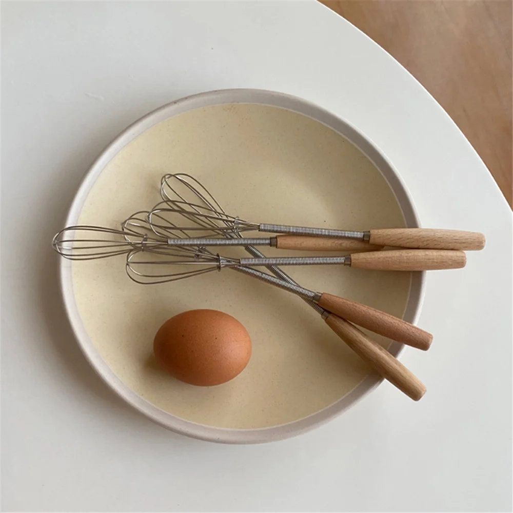 New Wooden Handle Stainless Steel Egg Beater Light Luxury Style Japanese Manual Baking Dessert Mixer Kitchen Tools