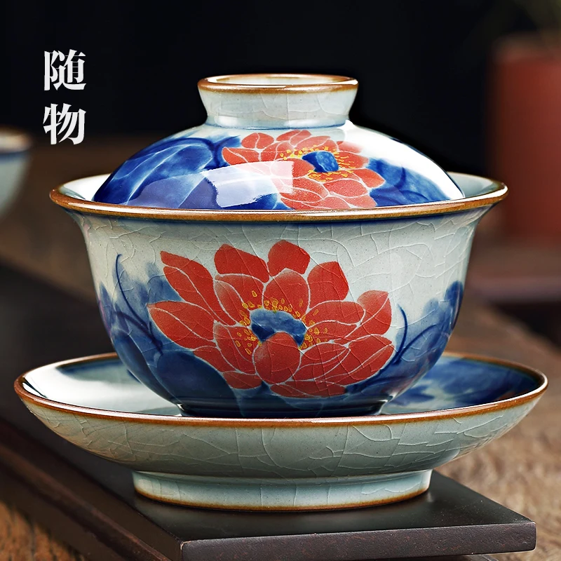 

Old Clay Blue and White Porcelain Gaiwan High-End Jingdezhen Three-Piece Tea Bowl Single Tea Cup Not Hot Kung Fu Tea Set Hand Pa