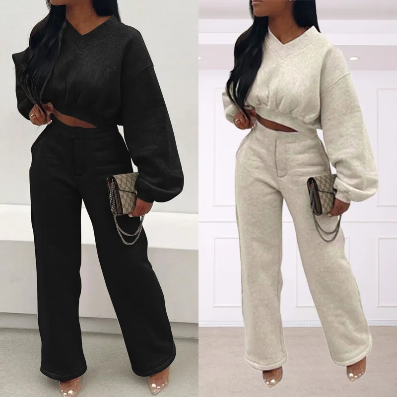 

2023 спортивный костюм, повседневный простой однотонный плюшевый свитер с капюшоном и брюки, комплект из двух предметов