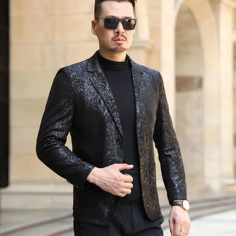 

2022 New Men's Black Thin Faux Leather Jacket Spring and Autumn Soft Top Leather Loose Jacket Brown Lapel Classic Jacket Q20