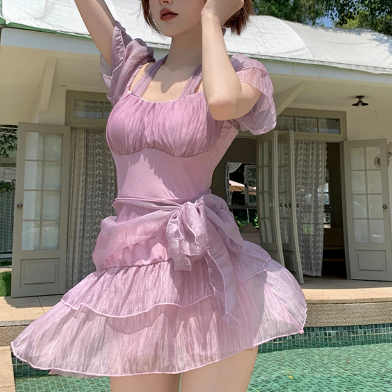 Милый элегантный купальник Женская Слитная юбка фиолетовая облегающая с лямкой