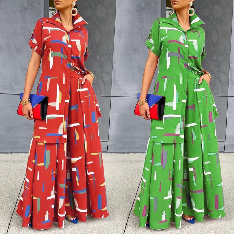 

2022 Spring and Summer New Temperament Women's Casual Set, Fashion Shirt Loose Pants Printed 2-piece Set