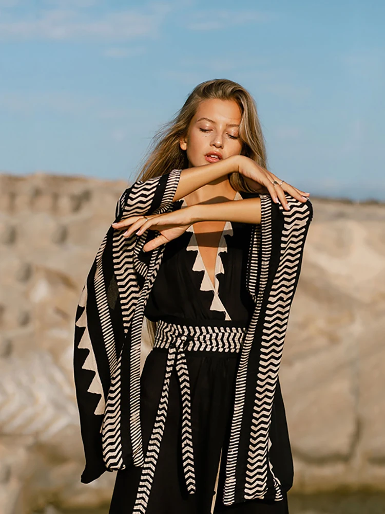 Винтажное пляжное кимоно Fitshinling в богемном стиле женский черный купальник с