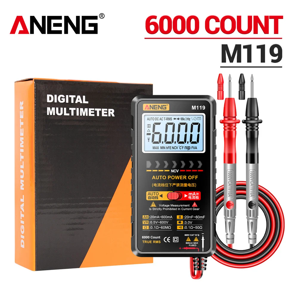 

ANENG M119 Digital Multimeter 6000 Count Tester AC DC Voltage DC Current Transistor Capacitor Meter With NCV Data Multimeter