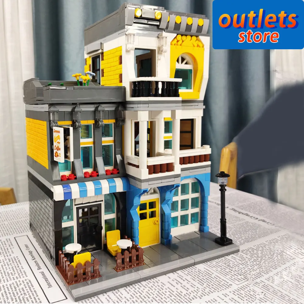 

QL0934 Creative Expert Street View Summer Coffee Shop Market Cafe Corner MOC Model Modular House Building Blocks toys1278PCS