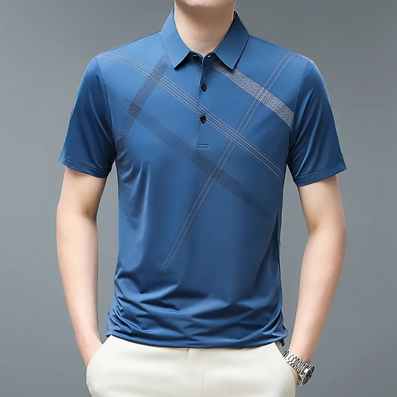New Summer Short Sleeve Polo Shirt Men's Striped Business Polo Neck T-shirt Golf Clothing Men's Ice Silk Top