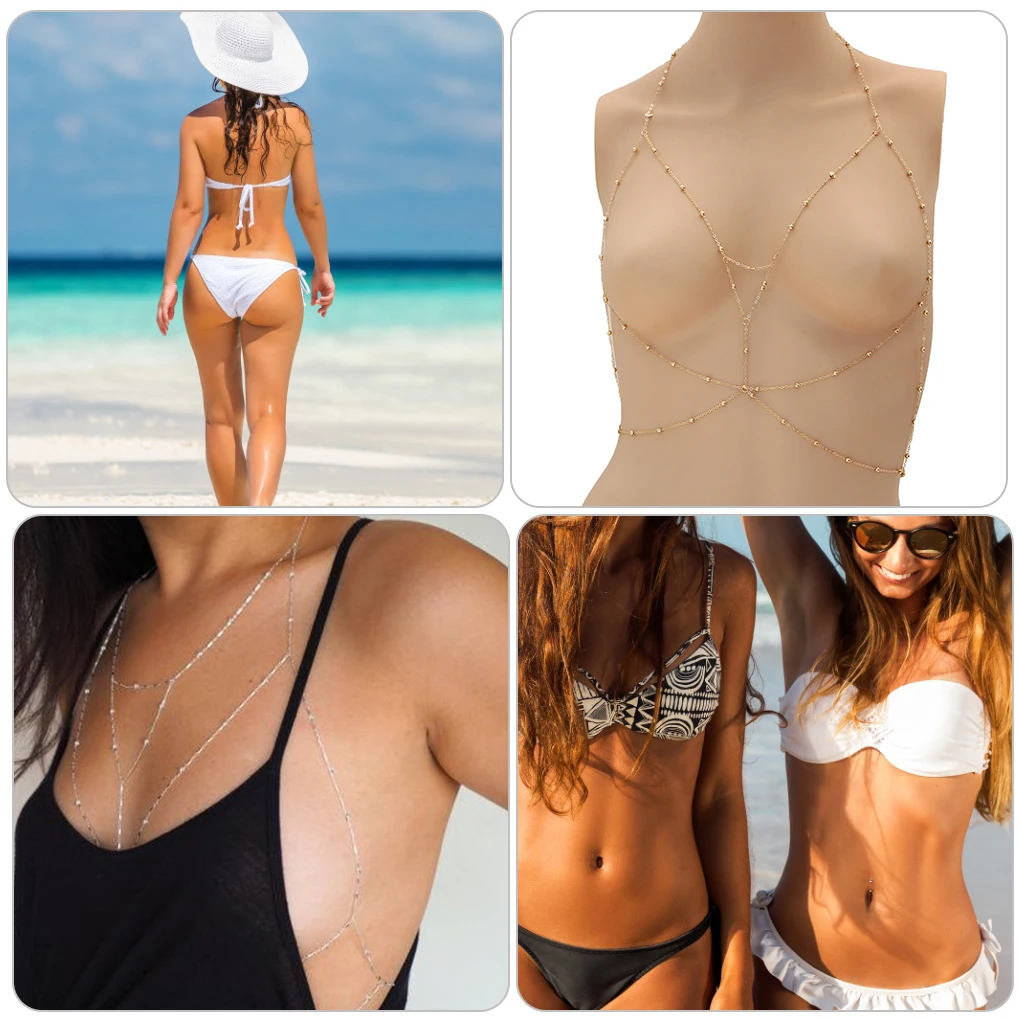 

Women Necklace Vintage Beads Body Chest Clavicle Chain Jewelry for Party Beach Vacation, Silver