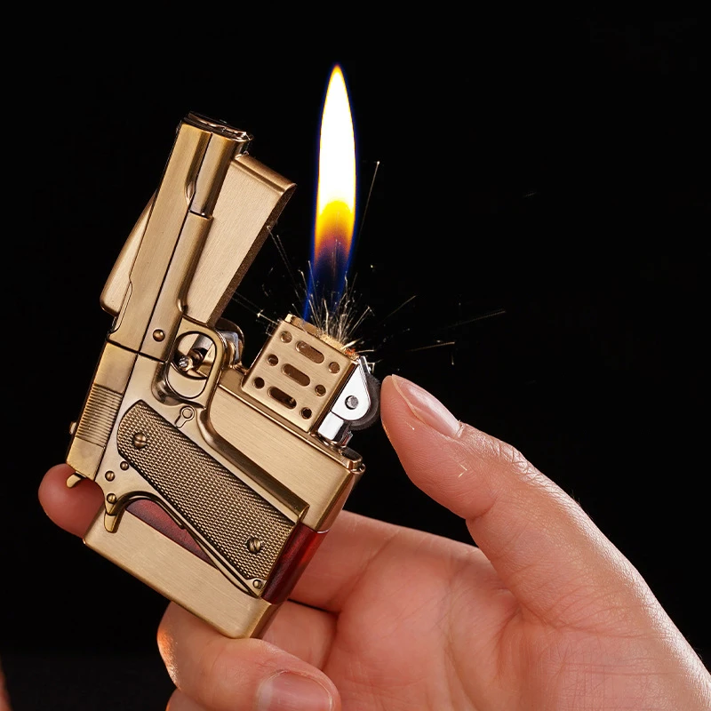 

Creative Metal Gun Lighter Personalized Transparent Oil Tank Vintage Grinding Wheel Cigar WindproofLighter Cigarette Accessories