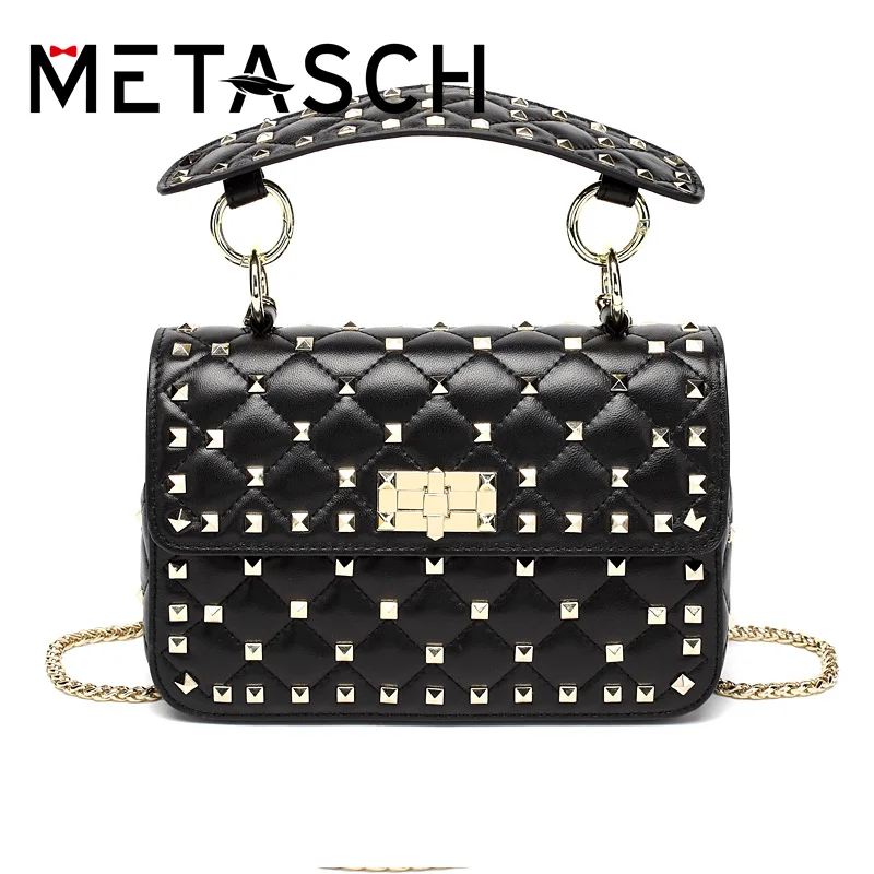 METASCH Sheepskin Leather Rivet Handbags 2022 New Fashion Women Chain Bag Designer Shoulder Bags Luxury Messenger Bags Clutches