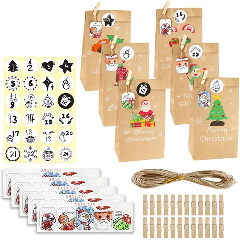 

24 Set Christmas Advent Calendar Bags 24 Days Calendar Kraft Gift Bags Xmas Party Bags for Christmas Decorations